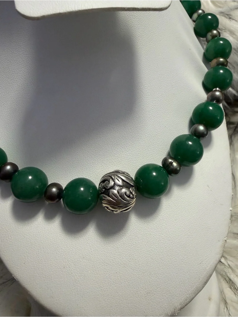 Genuine Jade & Peacock Pearl Necklace 925 Sterling Silver Clasp 18”